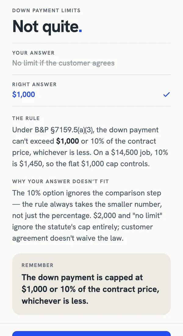 Feedback on a missed question: your answer crossed out, the right answer, the rule, and one line to remember.