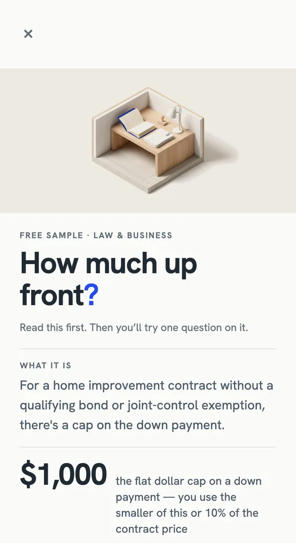 A free sample lesson: what it is, then the $1,000 down-payment cap shown large with the rule beside it.