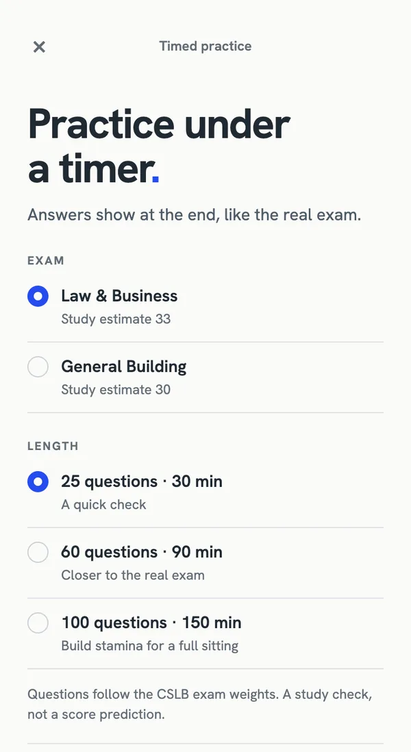 Timed practice setup: pick Law & Business or General Building and 25, 60 or 100 questions.