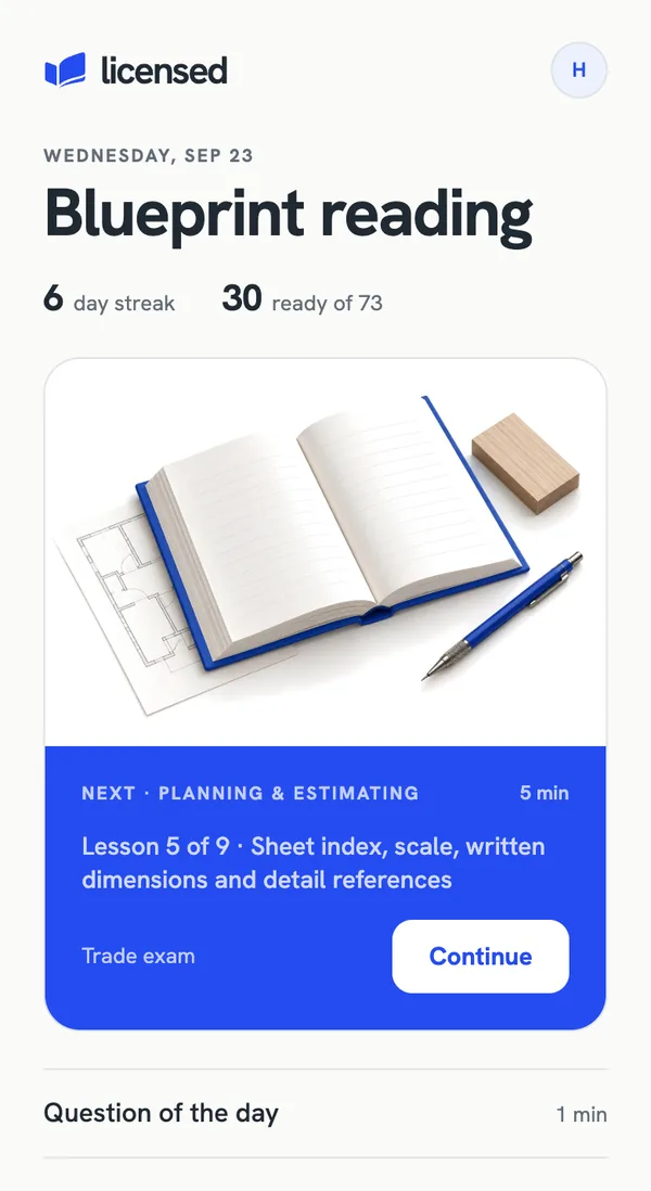 The Today screen: the date, a 6-day streak, a readiness score, and the next lesson with a Continue button.
