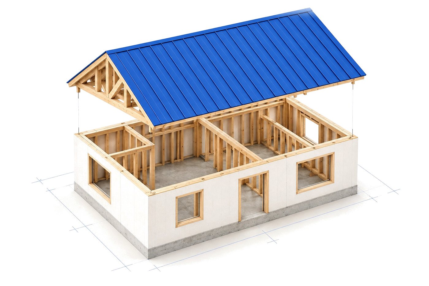 Architectural study model with a lifted blue roof revealing the timber frame.